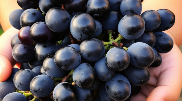 A young child sommelier carefully holding a small bunch of Cabernet Sauvignon grapes, studying them with interest.