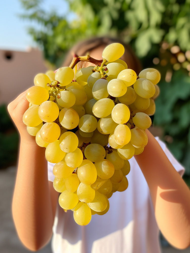 A young child sommelier carefully holding a small bunch of Chardonnay grapes, studying them with interest.