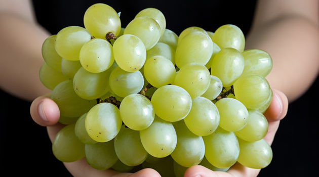 A young child sommelier carefully holding a small bunch of Chenin Blanc grapes, studying them with interest.