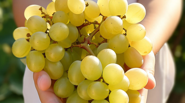 A young child sommelier carefully holding a small bunch of Gewürztraminer grapes, studying them with interest.