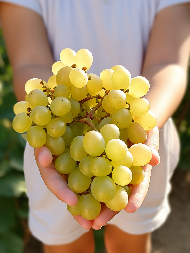 A young child sommelier carefully holding a small bunch of Gewürztraminer grapes, studying them with interest.