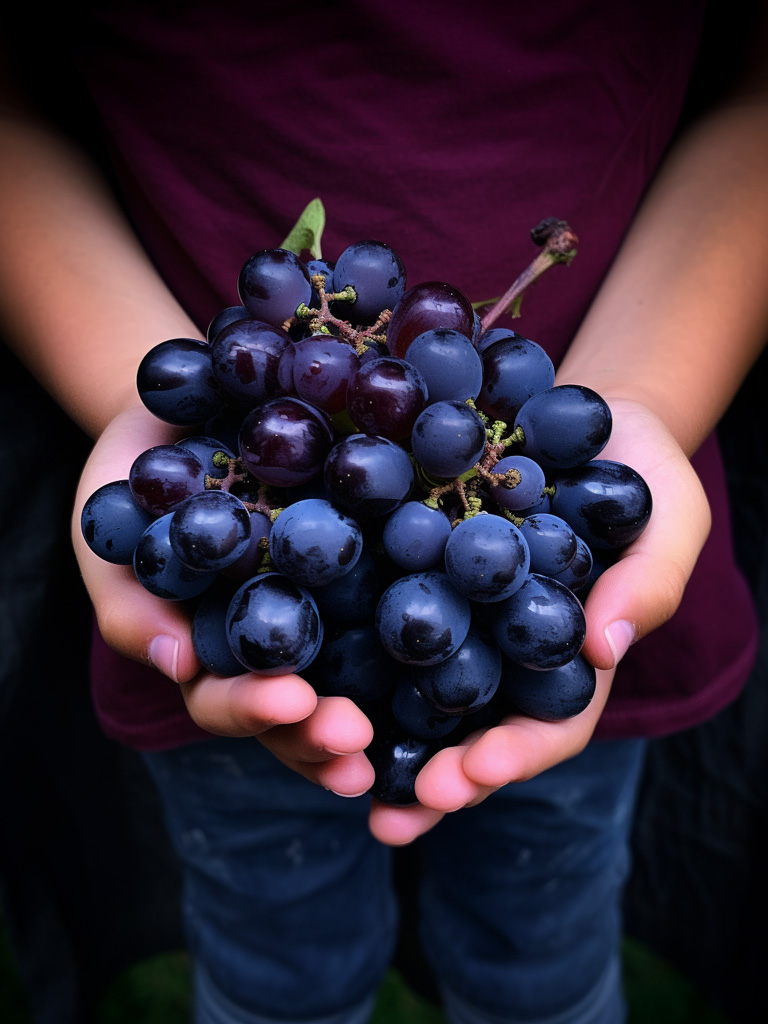 A young child sommelier carefully holding a small bunch of Grenache grapes, studying them with interest.