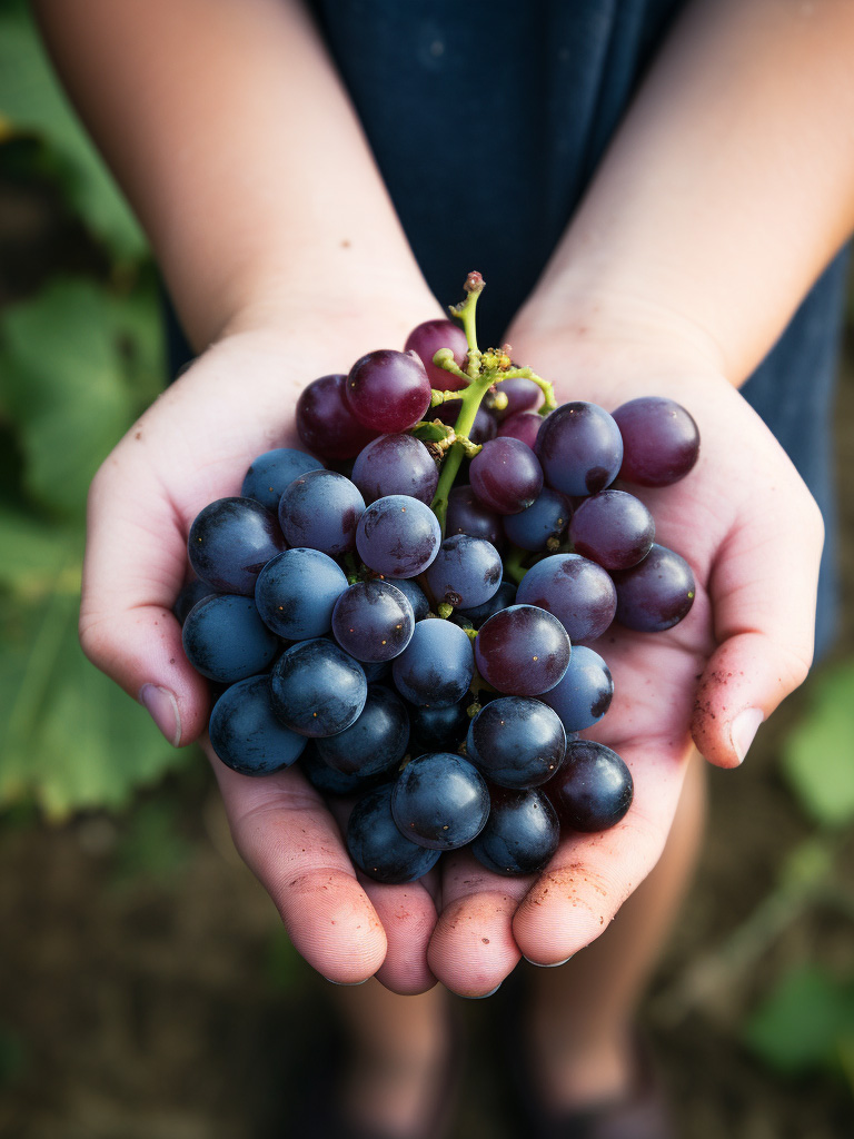 A young child sommelier carefully holding a small bunch of Merlot grapes, studying them with interest.