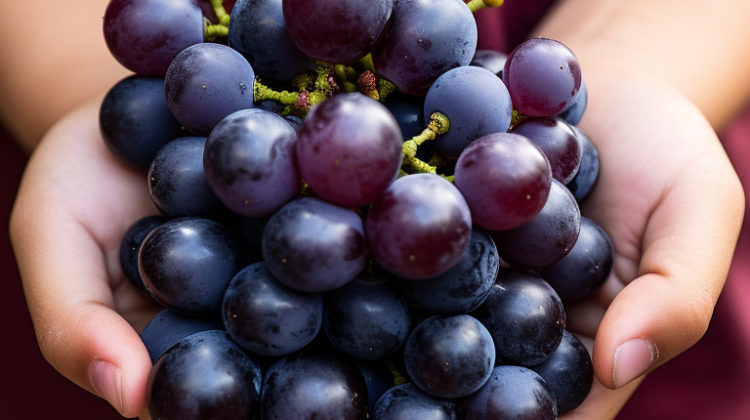 A young child sommelier carefully holding a small bunch of Nebbiolo grapes, studying them with interest.