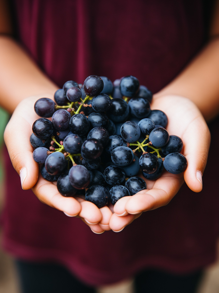 A young child sommelier carefully holding a small bunch of Pinot Noir grapes, studying them with interest.