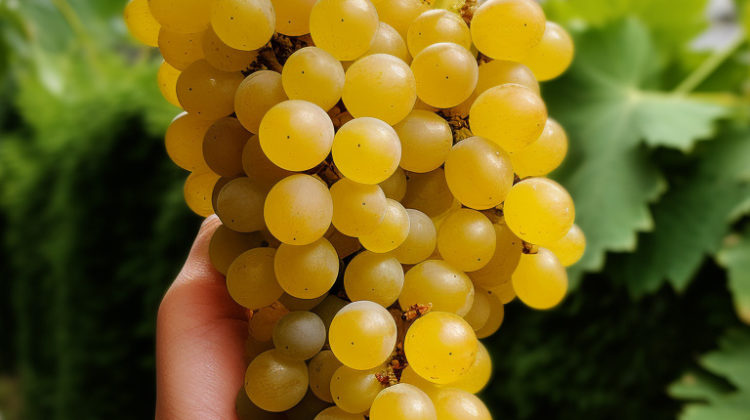 A young child sommelier carefully holding a small bunch of Riesling grapes, studying them with interest.