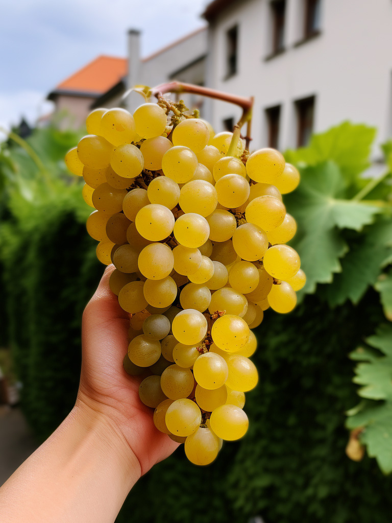 A young child sommelier carefully holding a small bunch of Riesling grapes, studying them with interest.