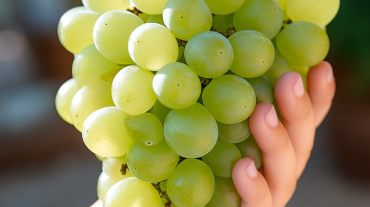 A young child sommelier carefully holding a small bunch of Sauvignon Blanc grapes, studying them with interest.