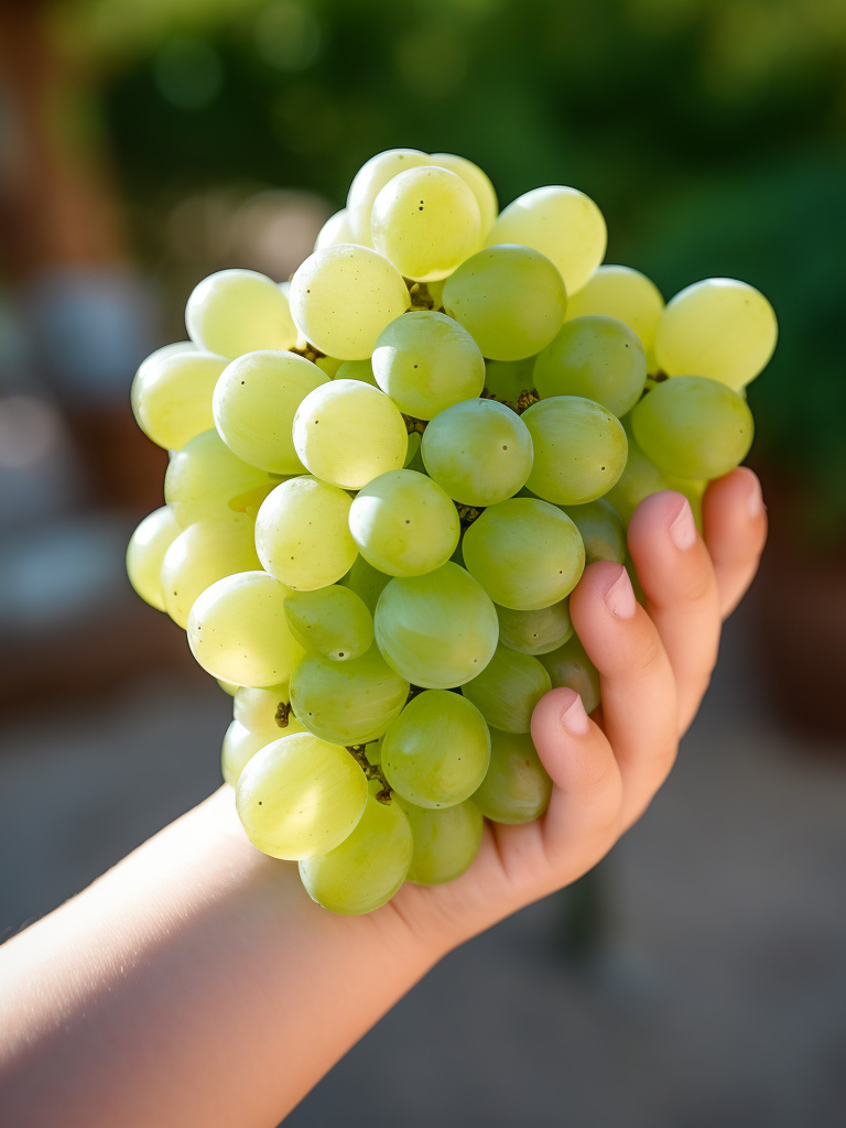 A young child sommelier carefully holding a small bunch of Sauvignon Blanc grapes, studying them with interest.