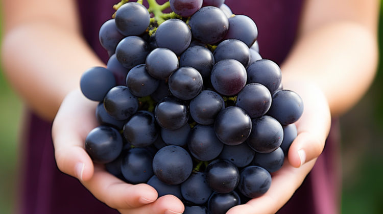 A young child sommelier carefully holding a small bunch of Syrah grapes, studying them with interest.